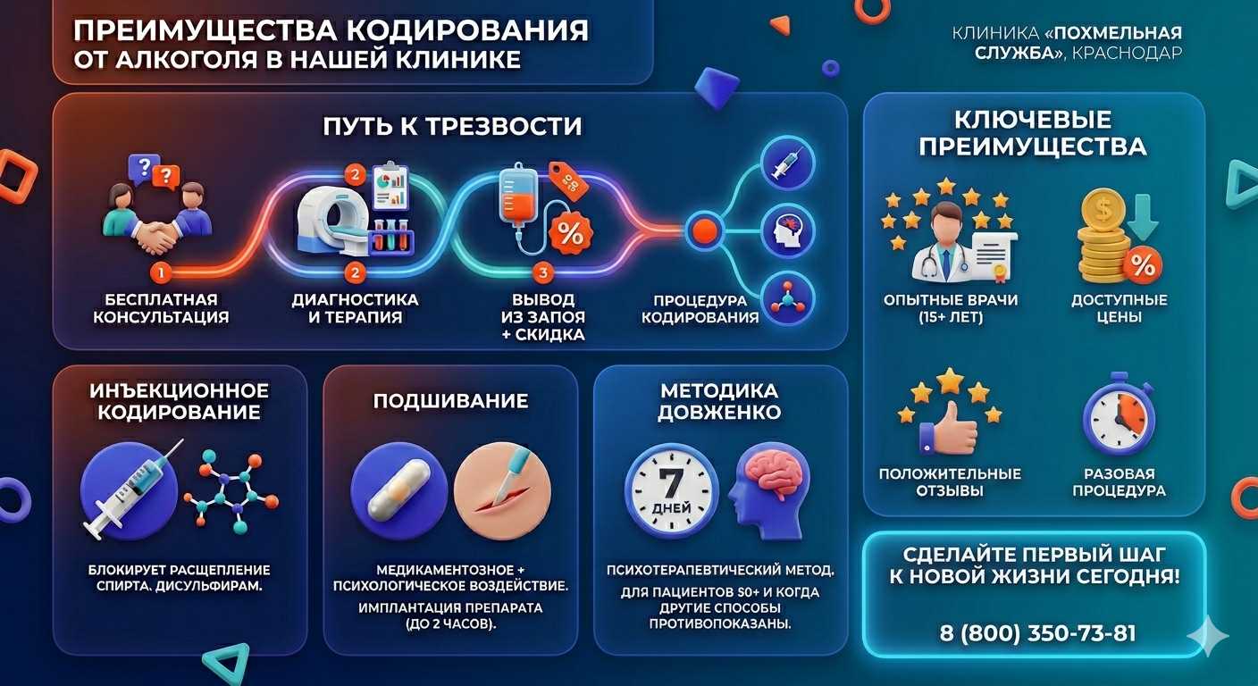 Инфографика о методах кодирования от алкоголя в Старомышастовской: инъекции, подшивание, метод Довженко. Преимущества клиники и этапы лечения.